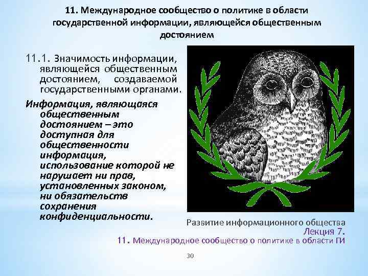 11. Международное сообщество о политике в области государственной информации, являющейся общественным достоянием 11. 1.