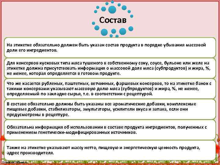 Состав На этикетке обязательно должен быть указан состав продукта в порядке убывания массовой доли