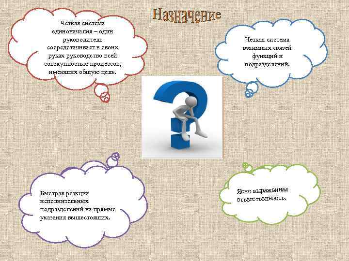 Четкая система единоначалия – один руководитель сосредотачивает в своих руках руководство всей совокупностью процессов,