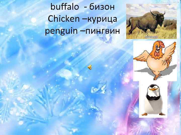 buffalo - бизон Chicken –курица penguin –пингвин 