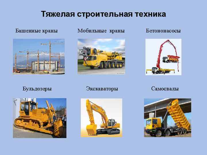 Тяжелая строительная техника Башенные краны Мобильные краны Бетононасосы Бульдозеры Экскаваторы Самосвалы 