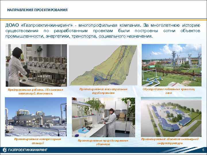 НАПРАВЛЕНИЯ ПРОЕКТИРОВАНИЯ ДОАО «Газпроектинжиниринг» - многопрофильная компания. За многолетнюю историю существования по разработанным проектам