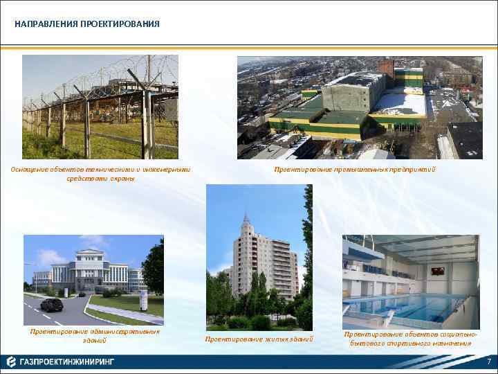 НАПРАВЛЕНИЯ ПРОЕКТИРОВАНИЯ Оснащение объектов техническими и инженерными средствами охраны Проектирование административных зданий Проектирование промышленных