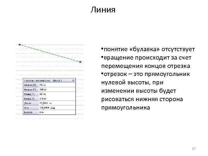 Линия • понятие «булавка» отсутствует • вращение происходит за счет перемещения концов отрезка •