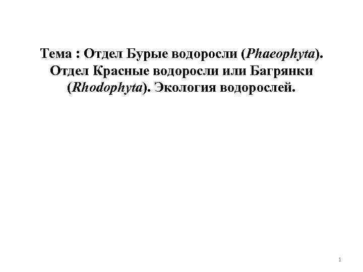 Тема : Отдел Бурые водоросли (Phaeophyta). Отдел Красные водоросли или Багрянки (Rhodophyta). Экология водорослей.