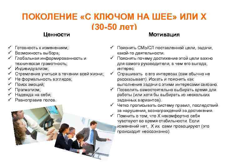 ПОКОЛЕНИЕ «С КЛЮЧОМ НА ШЕЕ» ИЛИ Х (30 -50 лет) Ценности Мотивация ü Готовность