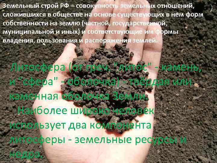 Земельный строй РФ – совокупность земельных отношений, сложившихся в обществе на основе существующих в