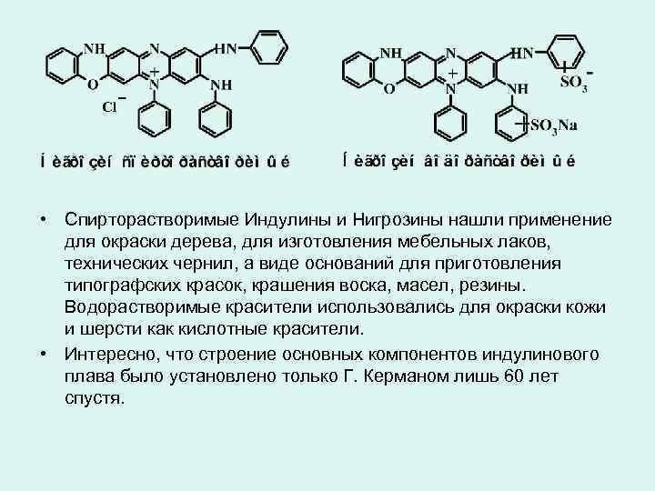  • Спирторастворимые Индулины и Нигрозины нашли применение для окраски дерева, для изготовления мебельных