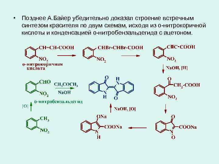  • Позднее А. Байер убедительно доказал строение встречным синтезом красителя по двум схемам,