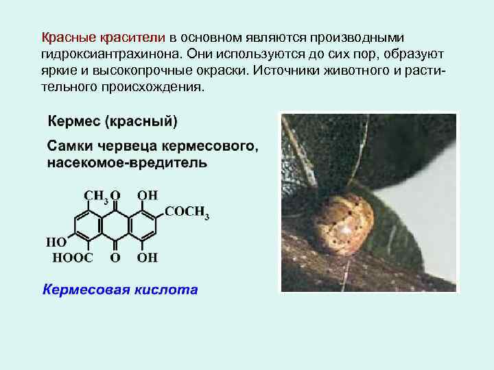 Красные красители в основном являются производными гидроксиантрахинона. Они используются до сих пор, образуют яркие