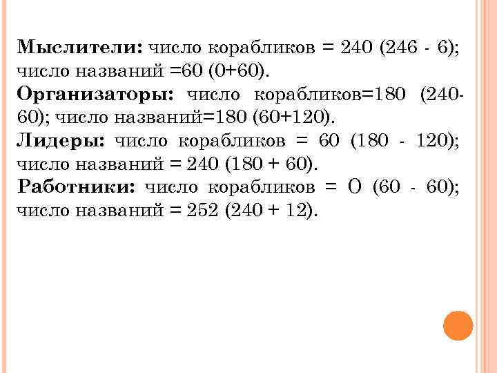 Мыслители: число корабликов = 240 (246 - 6); число названий =60 (0+60). Организаторы: число