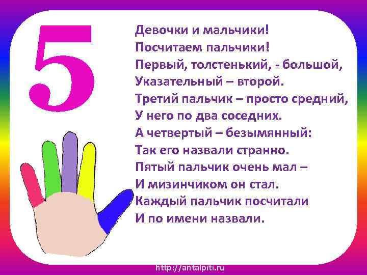 5 Девочки и мальчики! Посчитаем пальчики! Первый, толстенький, - большой, Указательный – второй. Третий