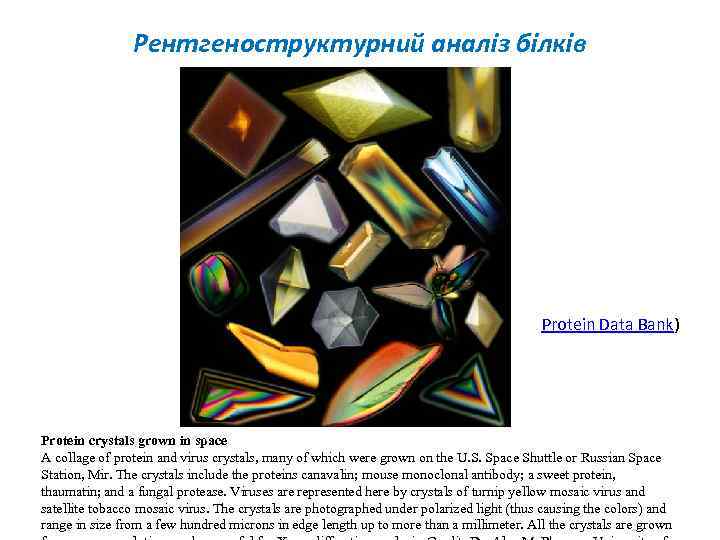 Рентгеноструктурний аналіз білків Protein Data Bank) Protein crystals grown in space A collage of
