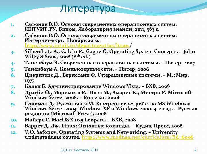 Литература 1. 2. 3. 4. 5. 6. 7. 8. 9. 10. 11. 12. Сафонов