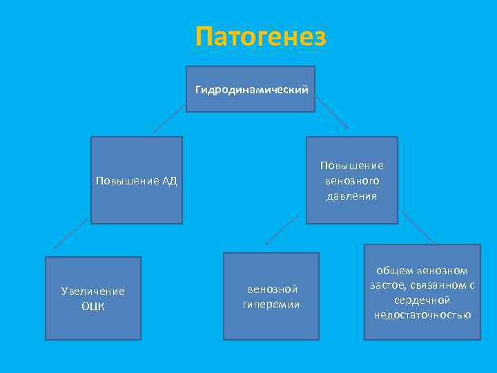 Патогенез Гидродинамический Повышение венозного давления Повышение АД Увеличение ОЦК венозной гиперемии общем венозном застое,