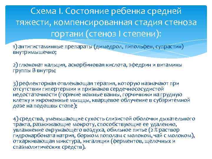 Схема I. Состояние ребенка средней тяжести, компенсированная стадия стеноза гортани (стеноз I степени): 1)