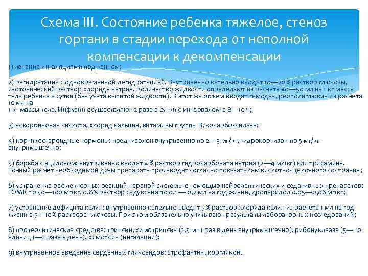 Схема III. Состояние ребенка тяжелое, стеноз гортани в стадии перехода от неполной компенсации к