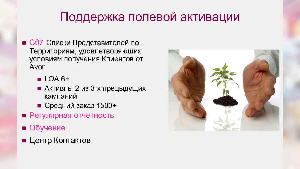 Поддержка полевой активации n С 07 Списки Представителей по Территориям, удовлетворяющих условиям получения Клиентов