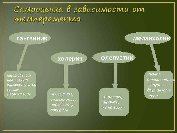 Самооценка в зависимости от темперамента меланхолик сангвиник холерик неустойчивая, повышенная, рассказывает об успехах, у