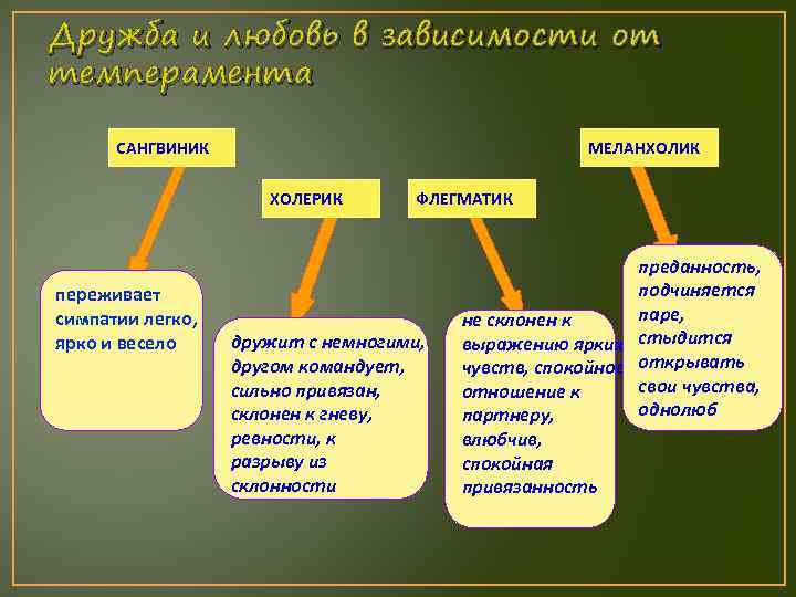 Дружба и любовь в зависимости от темперамента САНГВИНИК МЕЛАНХОЛИК ХОЛЕРИК переживает симпатии легко, ярко