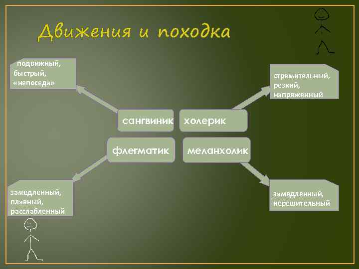 Движения и походка подвижный, быстрый, «непоседа» стремительный, резкий, напряженный сангвиник флегматик замедленный, плавный, расслабленный