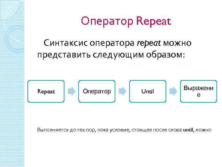 Представим следующее. Оператор repeat. Синтаксис оператора repeat. Формат оператора repeat. 9. Приведите Формат оператора repeat..