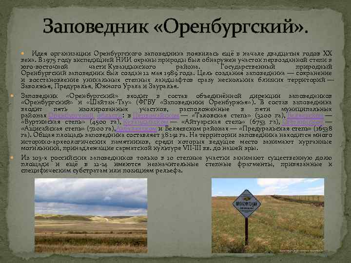 Заповедник «Оренбургский» . Идея организации Оренбургского заповедника появилась ещё в начале двадцатых годов XX