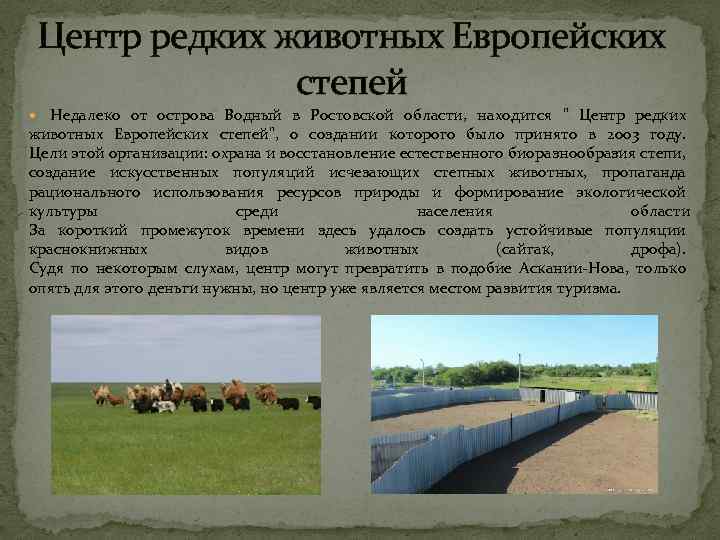 Центр редких животных Европейских степей Недалеко от острова Водный в Ростовской области, находится 