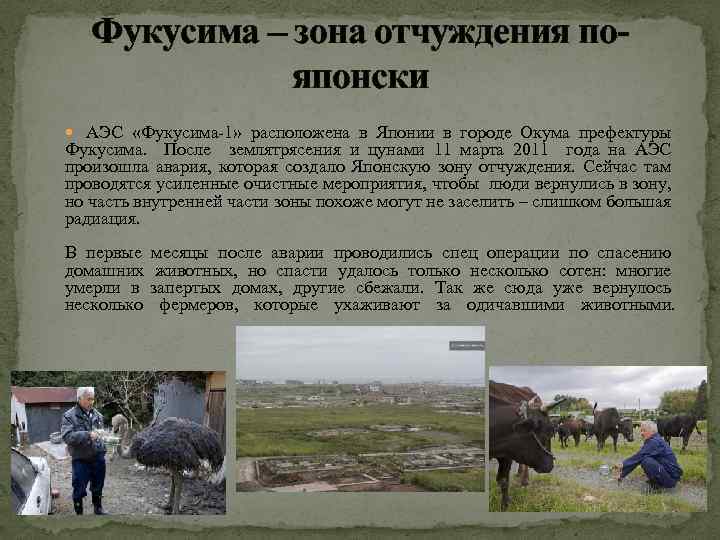 Фукусима – зона отчуждения пояпонски АЭС «Фукусима-1» расположена в Японии в городе Окума префектуры