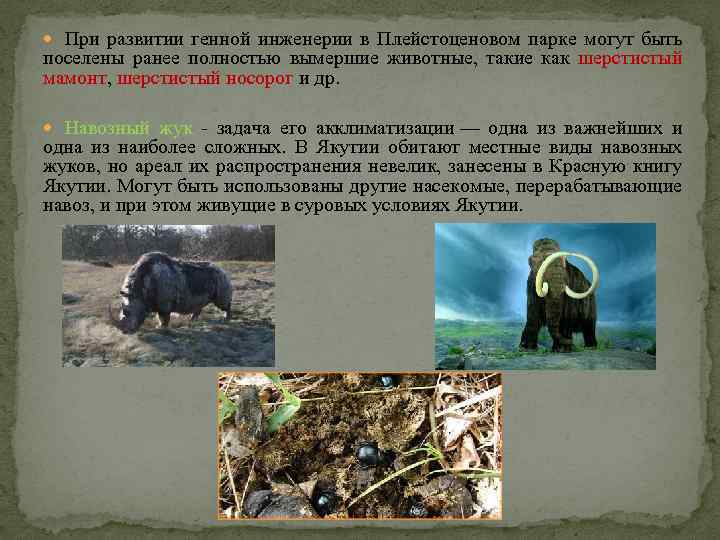  При развитии генной инженерии в Плейстоценовом парке могут быть поселены ранее полностью вымершие