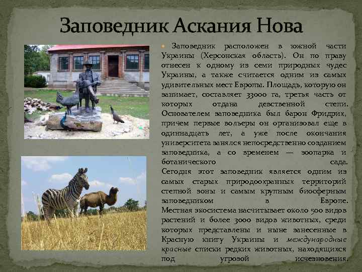 Заповедник Аскания Нова Заповедник расположен в южной части Украины (Херсонская область). Он по праву