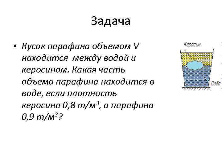 В какой из жидкостей кусок парафина будет плавать так как показано на рисунке