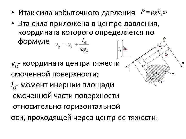  • Итак сила избыточного давления • Эта сила приложена в центре давления, координата