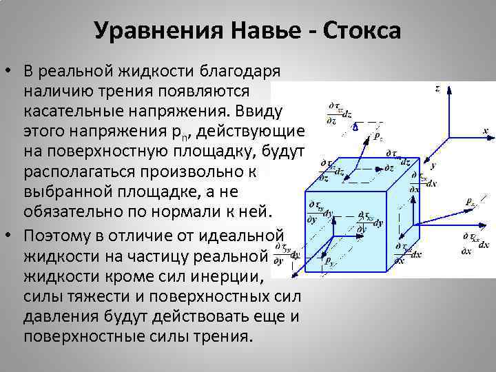 Уравнения Навье - Стокса • В реальной жидкости благодаря наличию трения появляются касательные напряжения.