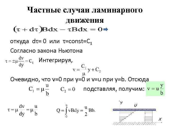 Частные случаи ламинарного движения откуда dτ= 0 или τ=const=C 1 Согласно закона Ньютона Интегрируя,