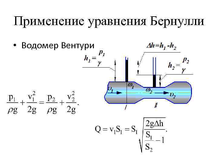 Применение уравнения Бернулли • Водомер Вентури 