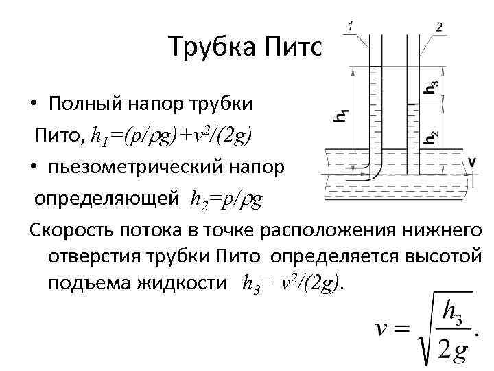 Трубка Пито • Полный напор трубки Пито, h 1=(p/ g)+v 2/(2 g) • пьезометрический