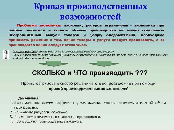 Кривая производственных возможностей Проблема экономики: поскольку ресурсы ограничены - экономика при полной занятости и