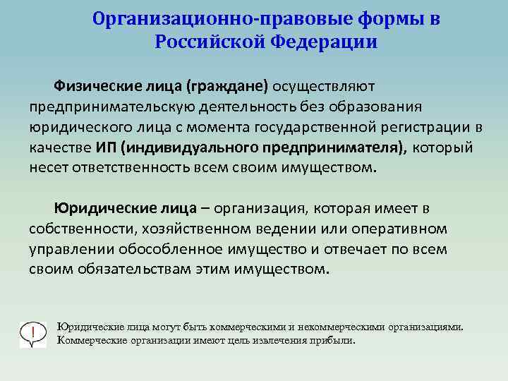 Организационно-правовые формы в Российской Федерации Физические лица (граждане) осуществляют предпринимательскую деятельность без образования юридического