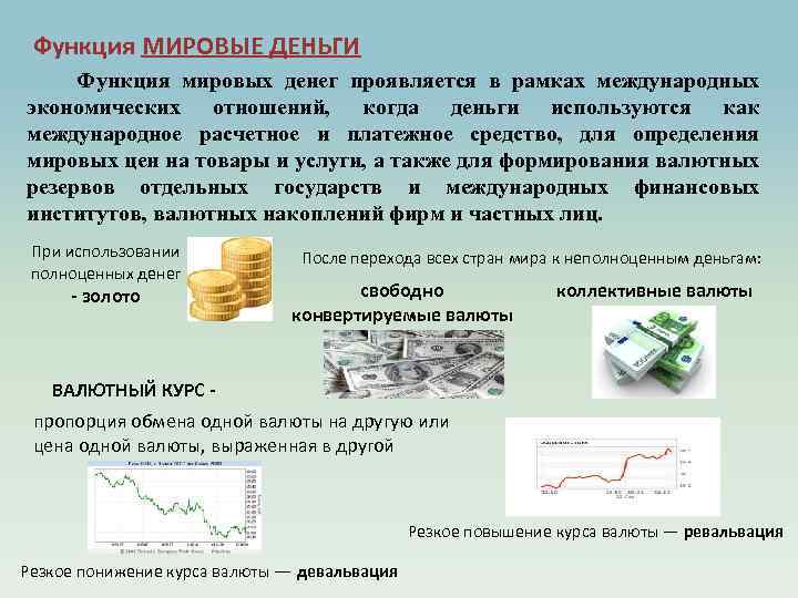 Функция МИРОВЫЕ ДЕНЬГИ Функция мировых денег проявляется в рамках международных экономических отношений, когда деньги