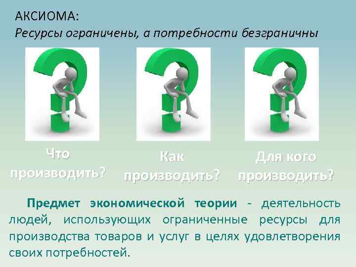 АКСИОМА: Ресурсы ограничены, а потребности безграничны Что производить? Как производить? Для кого производить? Предмет