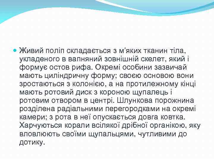  Живий поліп складається з м’яких тканин тіла, укладеного в вапняний зовнішній скелет, який