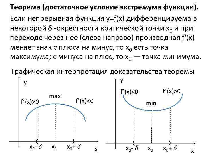 Теорема (достаточное условие экстремума функции). Если непрерывная функция у=ƒ(х) дифференцируема в некоторой δ -окрестности