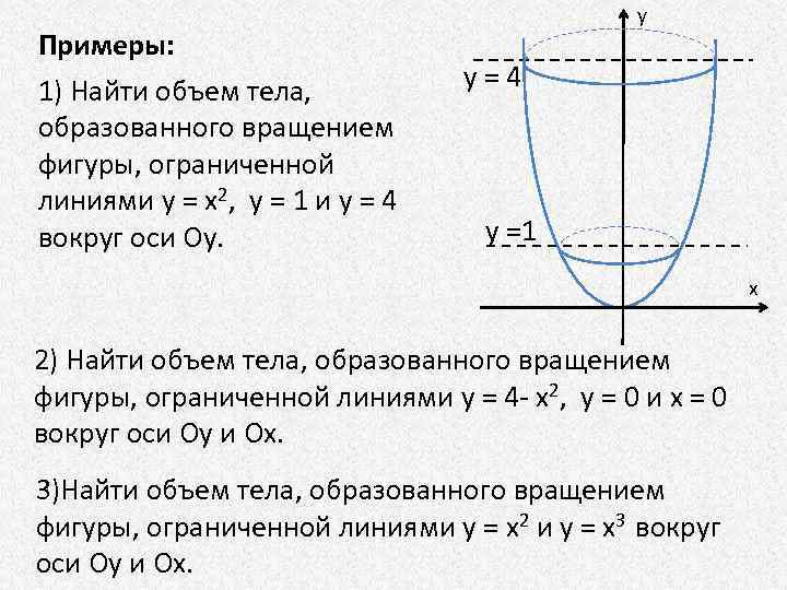 Примеры: 1) Найти объем тела, образованного вращением фигуры, ограниченной линиями y = x 2,