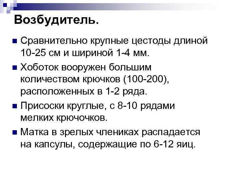 Возбудитель. Сравнительно крупные цестоды длиной 10 -25 см и шириной 1 -4 мм. n