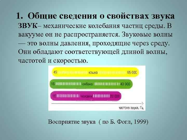 1. Общие сведения о свойствах звука ЗВУК– механические колебания частиц среды. В вакууме он