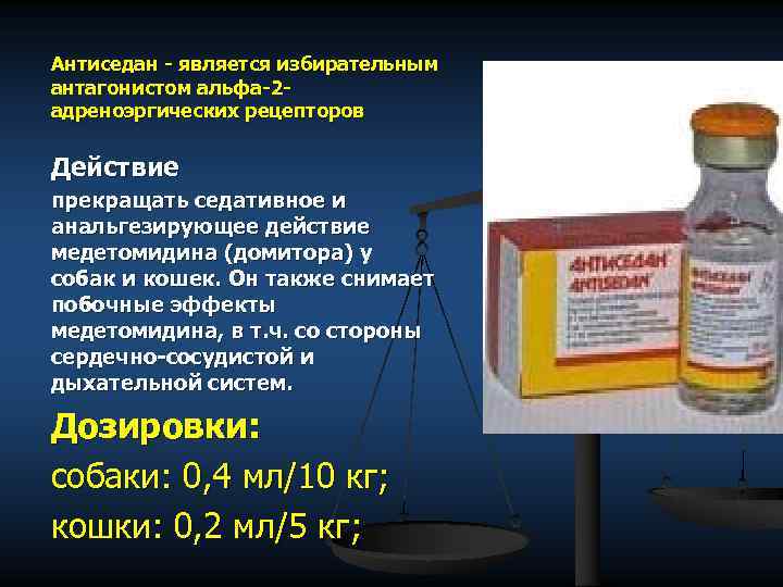 Антиседан - является избирательным антагонистом альфа-2 адреноэргических рецепторов Действие прекращать седативное и анальгезирующее действие