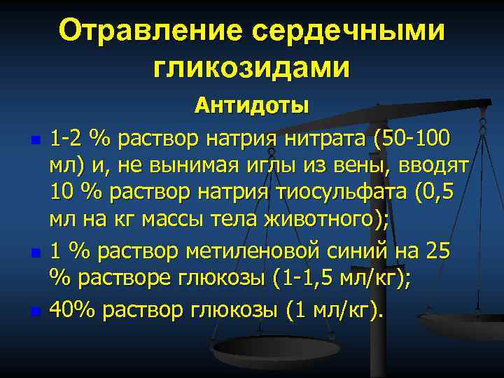 Отравление сердечными гликозидами n n n Антидоты 1 2 % раствор натрия нитрата (50