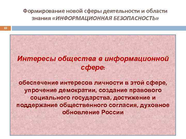 Формирование новой сферы деятельности и области знания «ИНФОРМАЦИОННАЯ БЕЗОПАСНОСТЬ» 10 Интересы общества в информационной