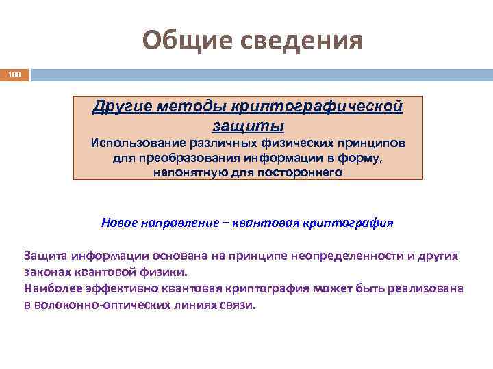 Общие сведения 100 Другие методы криптографической защиты Использование различных физических принципов для преобразования информации